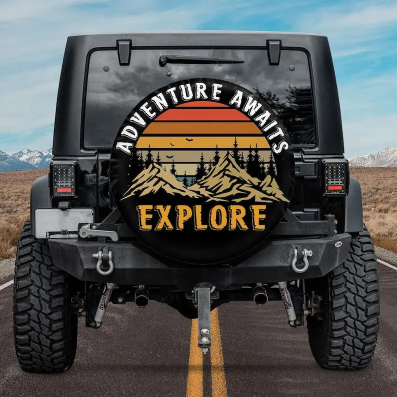 

Vintage Camper Truck - Adventure Awaits Explore Mountain Spare Tire Cover, Gift For Truck Lover, Personalized Tire Cover, Gift F