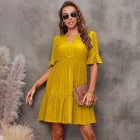 french style yellow color v neck flared sleeve mini skirt sweet girly pleated skirt bohemian a line draped birthday party dress