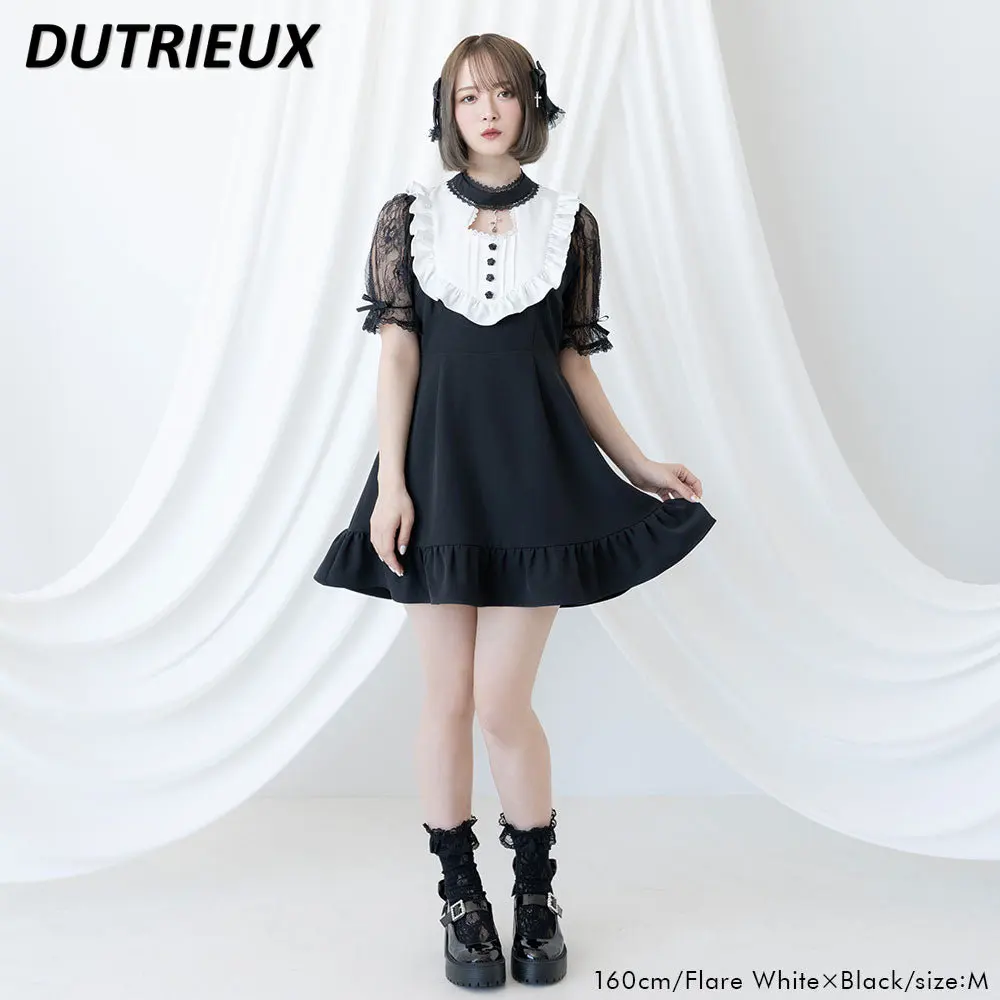 

Japanese Style Short Dress Sweet Lace Stitching Short Sleeve Dress Sweet Bow Slim Fit Slim Hollow Out Women's Casual Midi Dress
