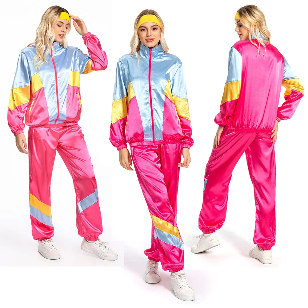 

Retro 80s 90s Cosplay Costume Women Sportwear Jacket Pants Headband Outfits Women Girl Roleplay Halloween Carnival Disguise Suit