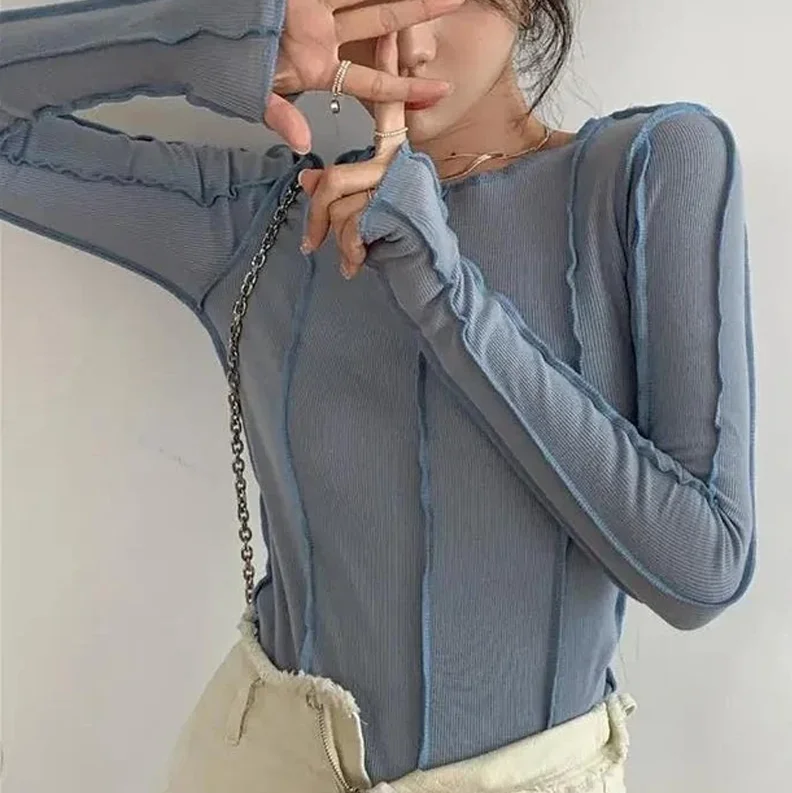 

Long Sleeve T-shirts Women Spring Solid O-Neck Elegant Bright Line Slim Tops Casual Ladies Clothing Tees y2k Clothes