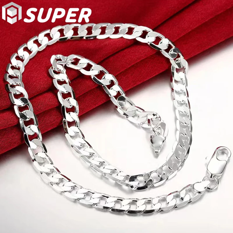 

925 Sterling Silver 8mm Flat Side Chain 16/18/20/22/24 Inch Necklace For Women Man Fashion Wedding Charm Jewelry