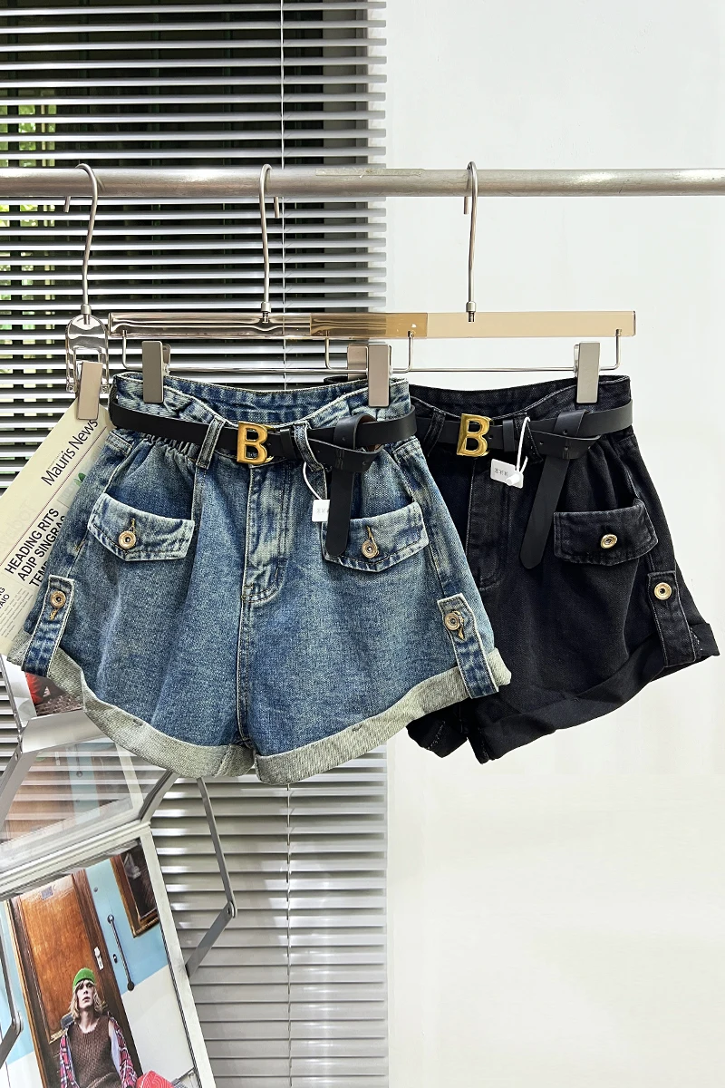 Letter B Belt Curling Wide Leg Shorts Women 2023 New Spring Summer Loose Pockets Denim Shorts Female Pantalones Cortos De Mujer