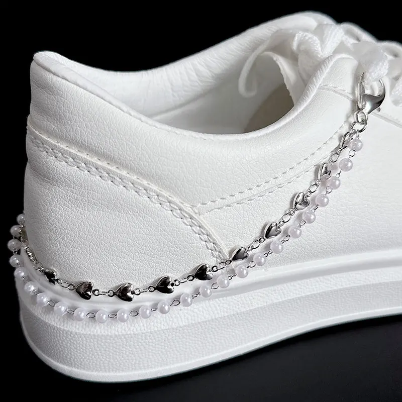 2PCS Double Layer Metal Heart Chains Shoe Buckles Punk Vintage Gold Pearls Chain Shoes Accessories Creative Jewelry Wholesale