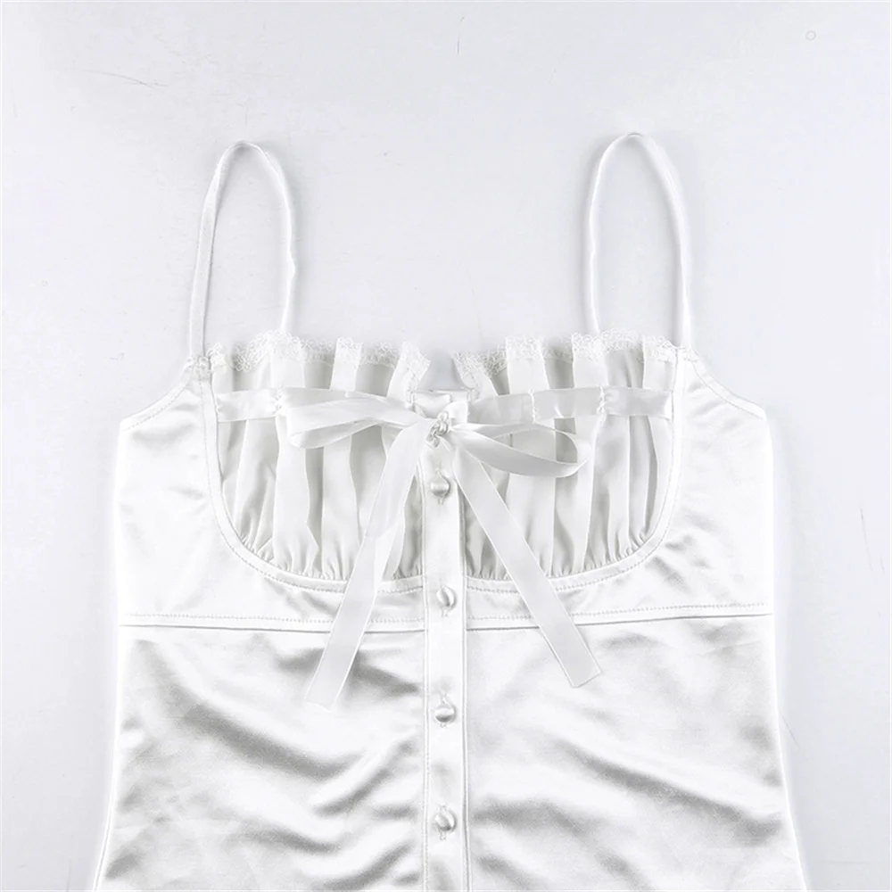 Летний женский атласный укороченный топ без рукавов кружевной Облегающий на