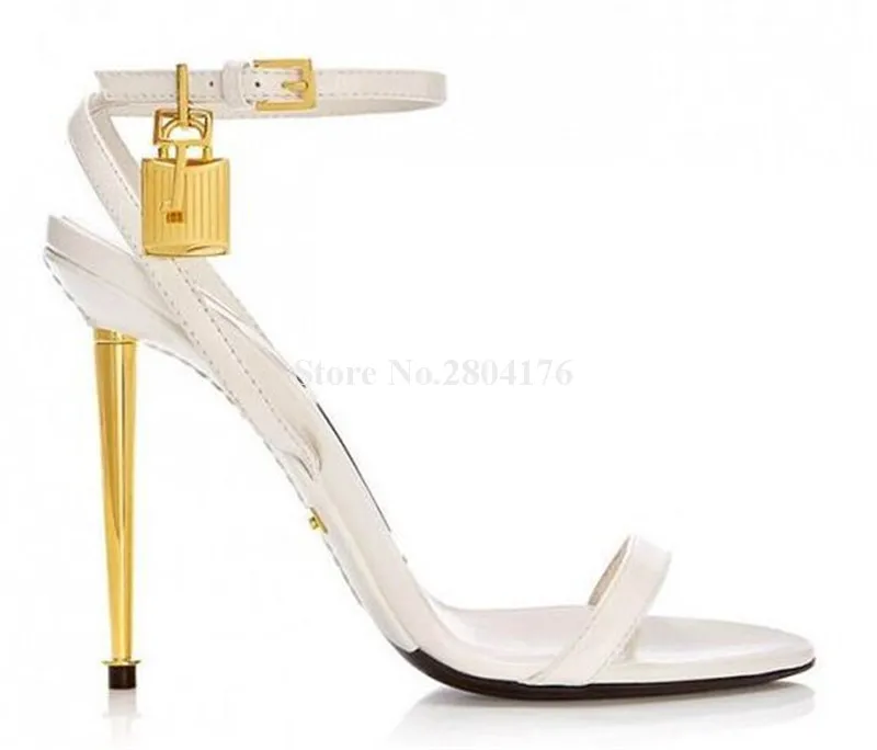 Gold Metal Lock Sandals Fashion Women Open Toe Stiletto Heel Gladiator Sexy Party Dress Shoes