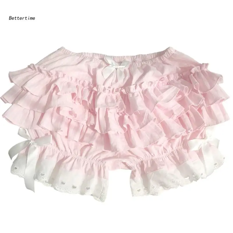 B36D Women Layered Ruffled Lace Pink Pumpkin Shorts Cute Bowknot Bloomers Underpant