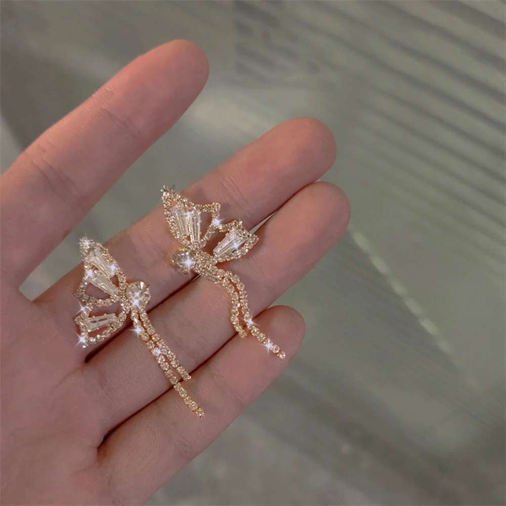 

Trendy 2022 Bling Zirconia Butterfly Earrings Real Gold Plated Bowknot Earring For Women Korean Fashion Jewelry Accessories