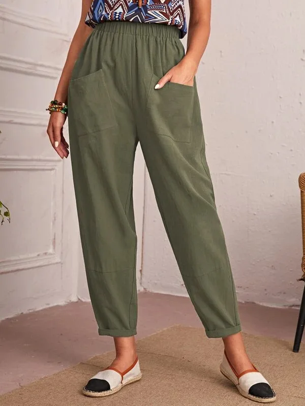 

New Four Seasons Cotton Linen Nine-point Pants Elastic Waist Casual Pants Diagonal Pocket Small Feet Pants Women