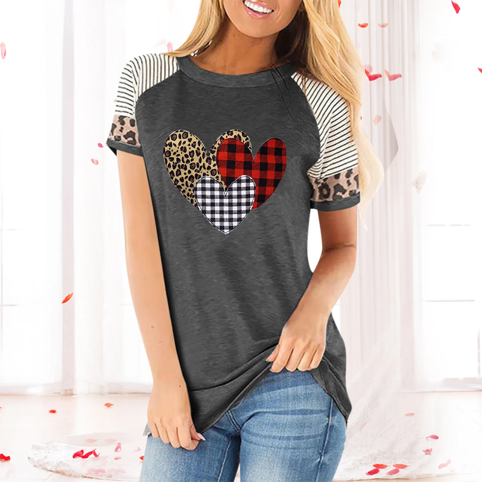 

Женская модная полосатая леопардовая компрессионная Футболка с принтом Love и круглым вырезом