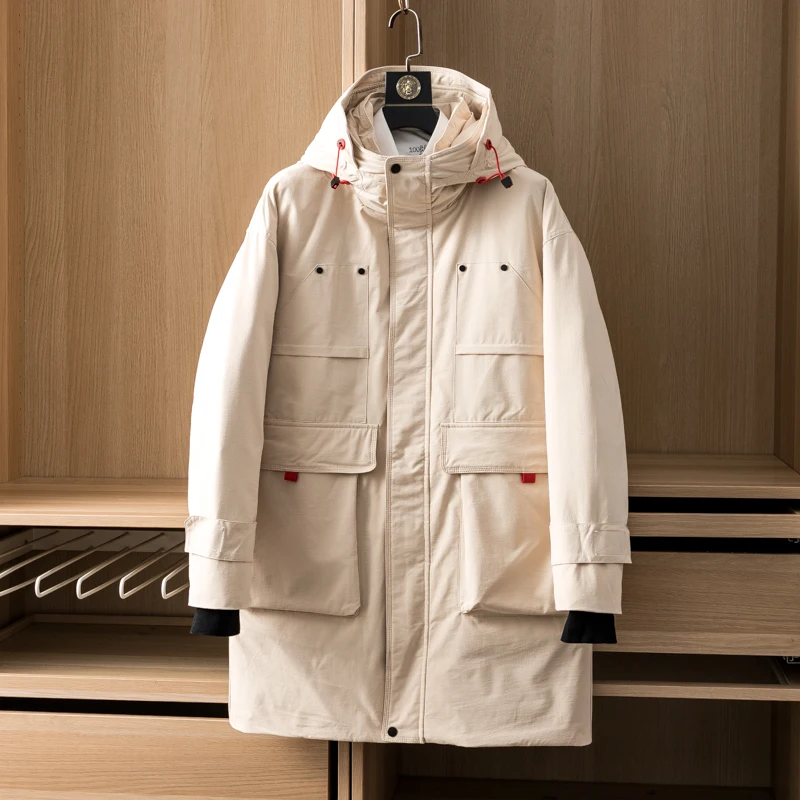 Men Duck Down Coat Winter Warm Parkas Long Jacket Male Hooded Outerwear Casual Waterproof Windbreaker Ivory Off-white XXXL 3XL