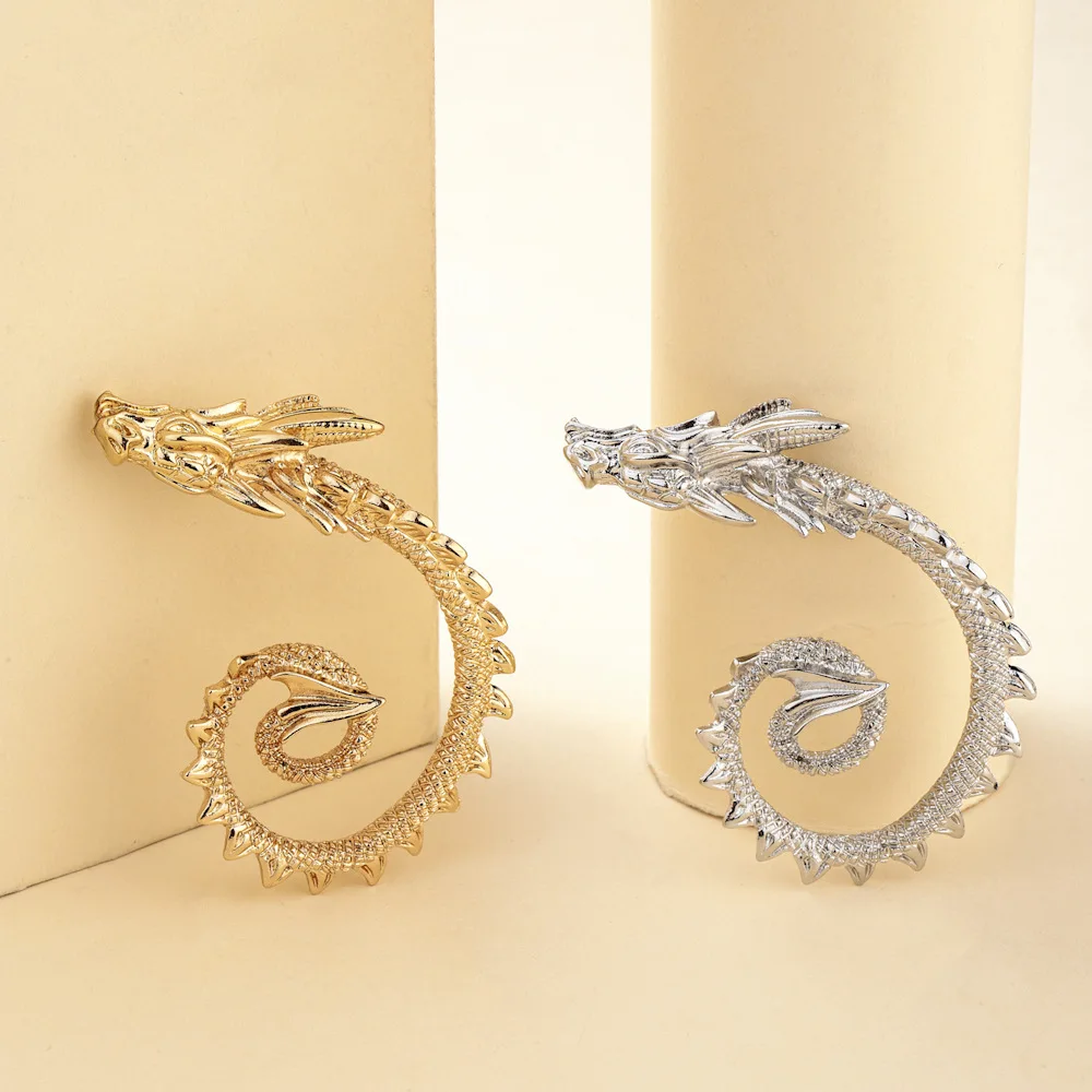 

2022 Unique Chic Metal Dragon Statement Stud Earrings Punk Gold Silver Color Tone Firery Dragon Ear Cuff For Women Jewelry