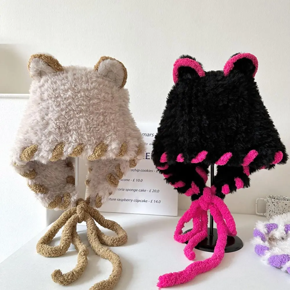 

Вязаная шапка со шнуровкой, модная ветрозащитная шапка с ушками медведя, утолщенная теплая шерстяная шапка для женщин и девочек