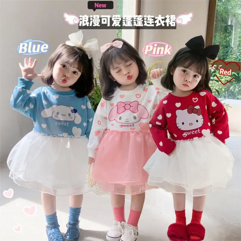 

New Kawaii Sanrioed Anime Mymelody Cinnamoroll Girl Princess Vintage Dress Tulle Wedding Party Birthday Tutu Dress Child Clothes