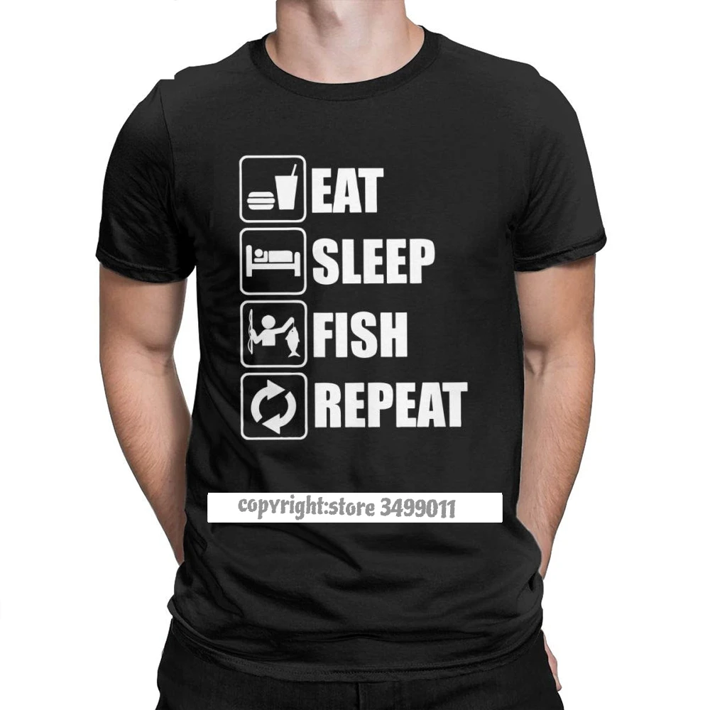 

Eat Sleep Fish Repeat Men Tops T Shirt Fish Bass Funny Premium Cotton Fitness Tees Round Neck T-Shirt for Men