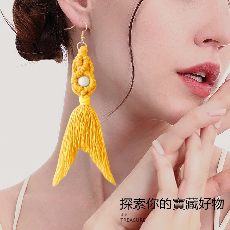 

Retro Exaggerated European and American Tassel Mermaid Hand-woven Earrings Nordic Style Rope Weaving Ethnic Style Earhook Female