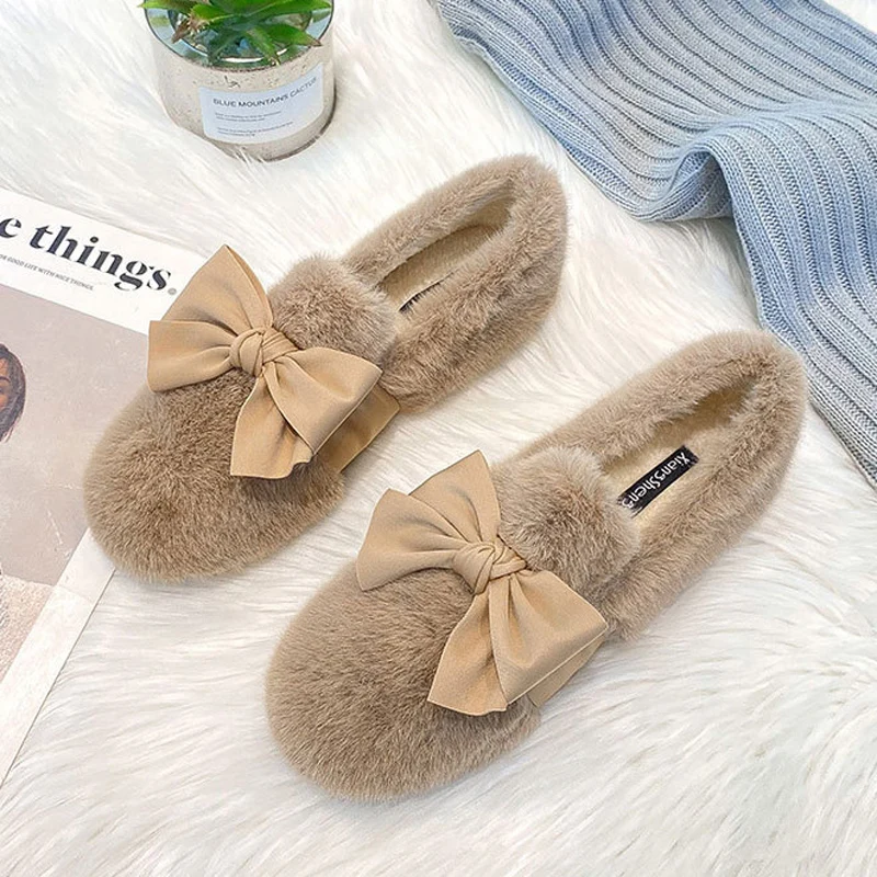 Women Winter Lace Butterfly-Knot Loafers Femme Plush Cotton Mocasines Fluffy Boots Big Size 35-43 Fur Flats Shoes