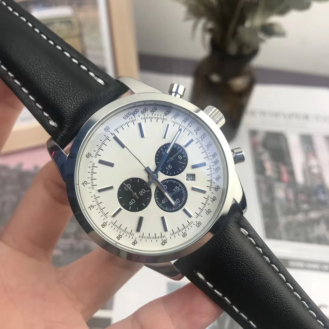 New watch mens Quartz watch Black Leather White Dial Calendar Chronograph