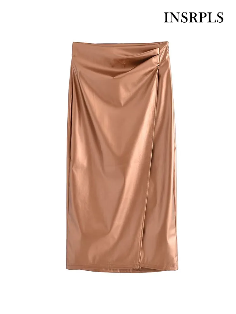 

INSRPLS Women Fashion With Draped Faux Leather Wrap Midi Skirt Vintage High Waist Side Zipper Female Skirts Mujer