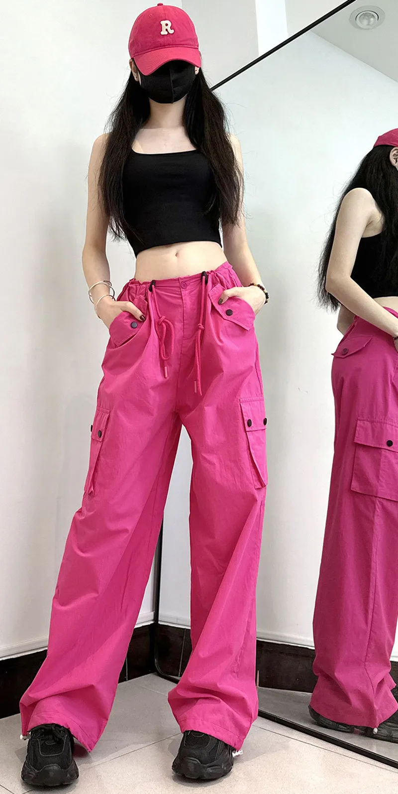 

Cargo pants women's 2023 summer New solid thin high waist slim ice drape wide leg casual Hippie cotton sports pants