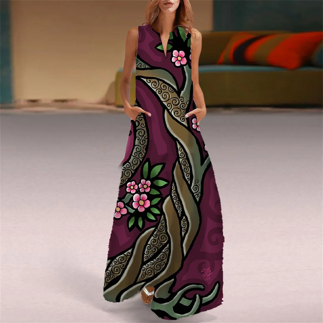 Сарафан с V-образным вырезом женское летнее Мини-Платье милым котом и цветами