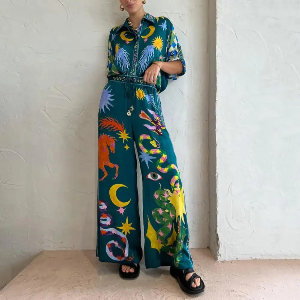 

Women's Print Loose Pants Set Casual Single Breasted Turn-down Collar Short Sleeves T-shirts Empire Lace Up Wide Leg Trousers