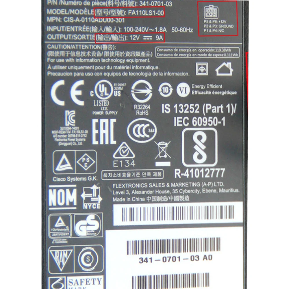 Оригинальный FA110LS1-00 341-0701-03 FLEXTRONICS 12 В 9 А 108 Вт кабель адаптера питания специальный