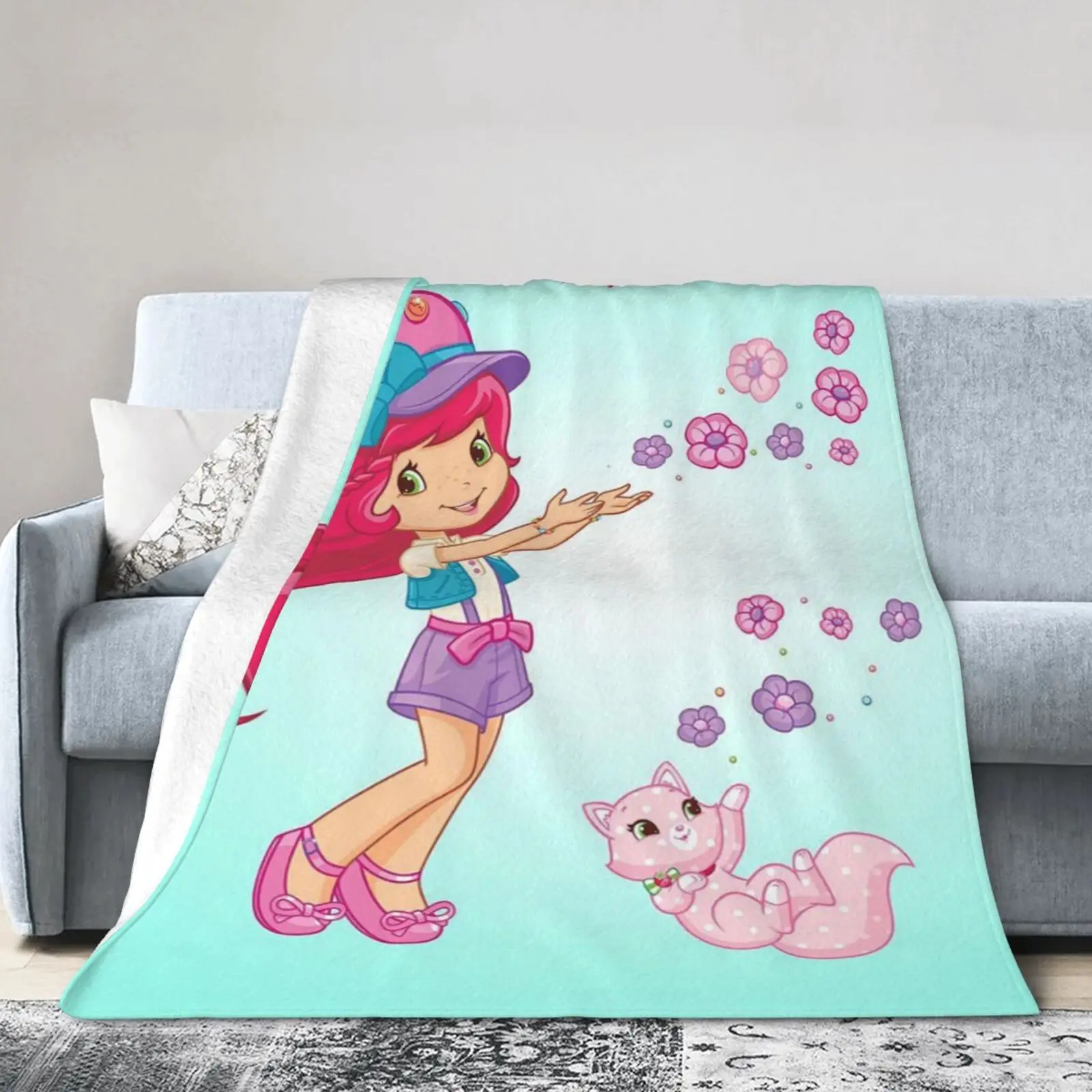 

Dot Cat and Strawberry Girl Blue Flannel Throw Blanket Home Holiday Couch Bed Single Side Printed 80x60 Inch Blankets for Beds