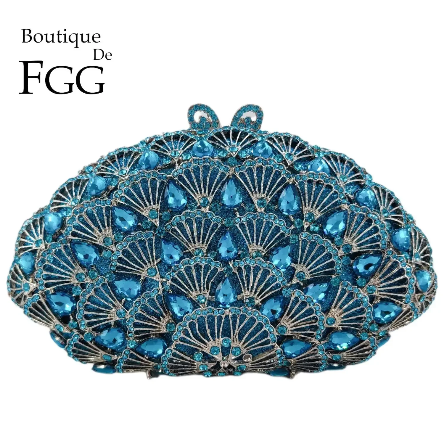 Фото Boutique De FGG светло-голубой клатч с кристаллами для женщин, вечерняя сумочка с павлином, свадебная сумка-минодьер со стразами №1