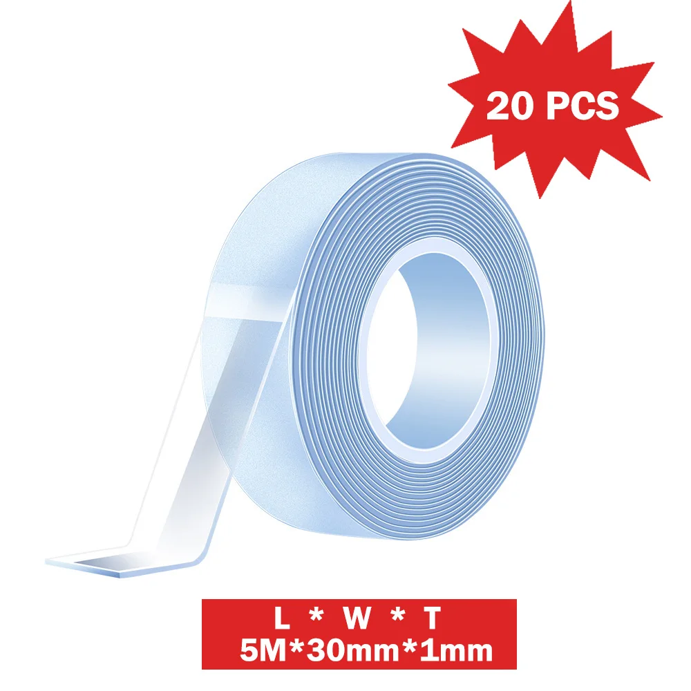 

20PCS 5M*30mm*1mm Nano Double Sided Tape Transparent NoTrace Reusable Waterproof Adhesive Tape
