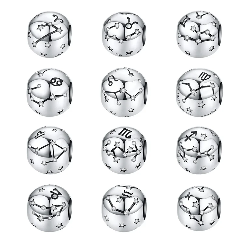

NO LOGO Real 925 Sterling Silver 12 Constellation Zodiac Beads Fit Original Pulsera P Charms Bracelet Jewelry Making