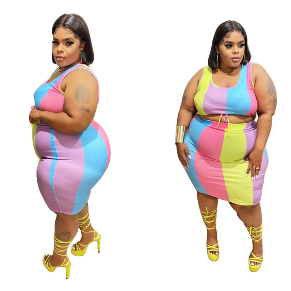 Plus Size Fashion Colorful Two Piece Skirt Set Women Clothing Sleeveless Sexy Outfits Casual Summer Wear Wole 3xl 4xl 5xl 6xl