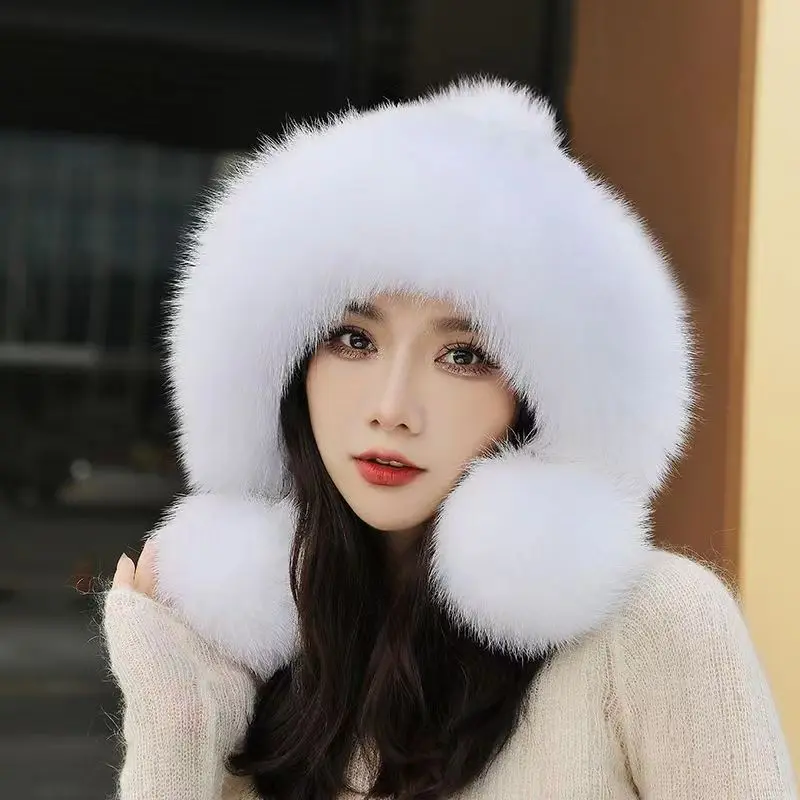 

2023 Fashion warm lovely doll real mink weave fox hair ball high-grade hatNew luxuryWomen's Winter