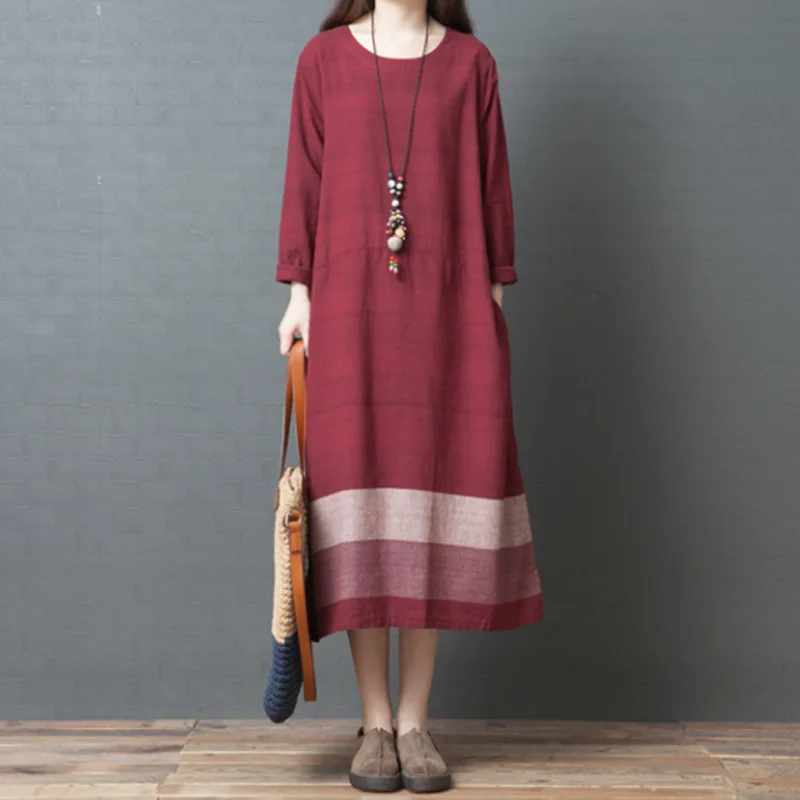 

Vintage Striped Dress Women Clothes 2023 Retro New Autumn O-neck Loose Full Sleeve Korean Style Leisure Women Dresses
