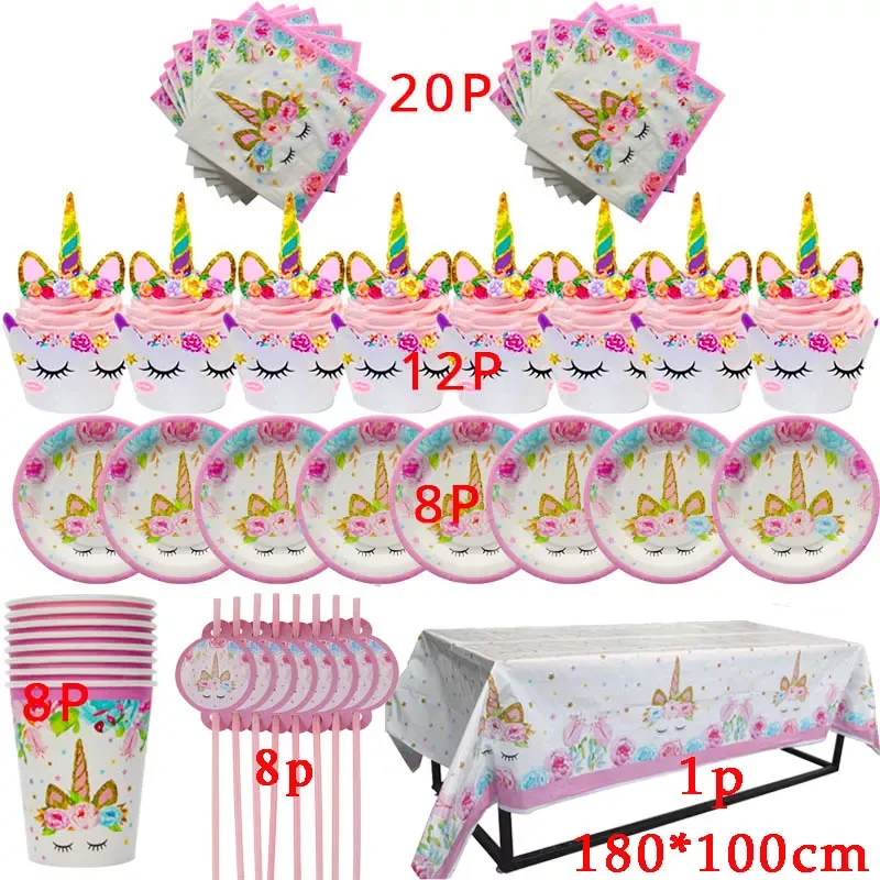

New Unicorn Decoration Disposable Party Tableware Set Unicorn Birthday Party Supplies Kids Baby Shower Girl 1st Birthday Decorat