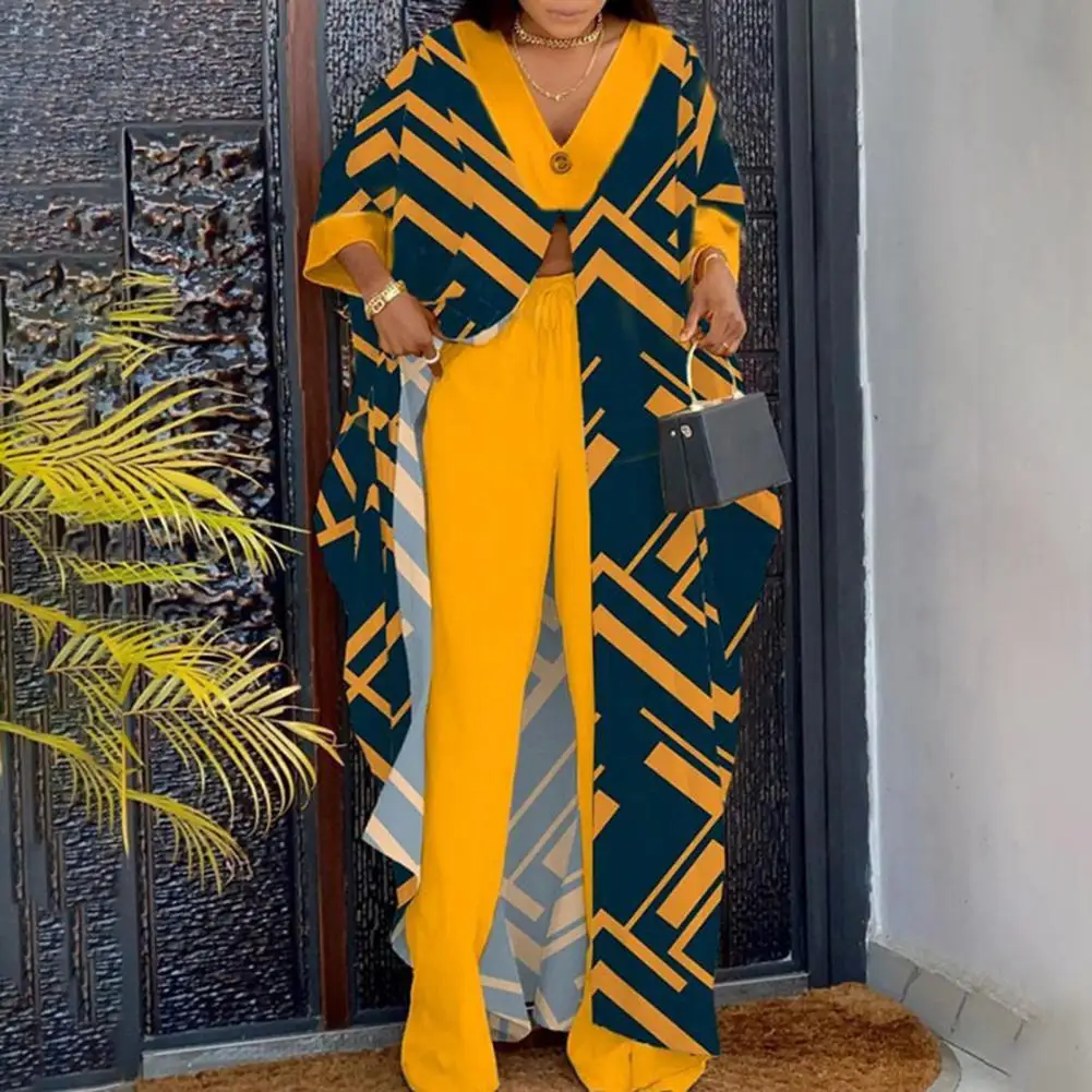 

2Pcs/Set Fashion Office Outfit Thin Loose Outfit Front Split Full-length Top Pants Lady Geometric Printing Outfit Workwear