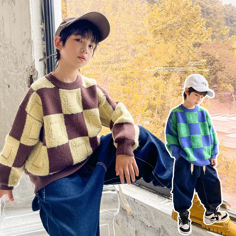 

Хлопковый вязаный шерстяной свитер для мальчиков, 2022 теплый плотный бархатный свитер, Осень-зима, Рождественская Детская одежда