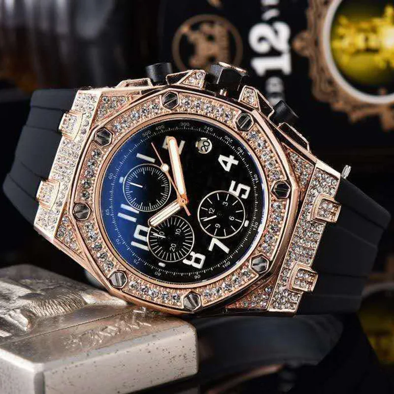 

Полнофункциональные кварцевые часы с 6 иглами, многофункциональные резные мужские часы, модный набор мужских часов с бриллиантами