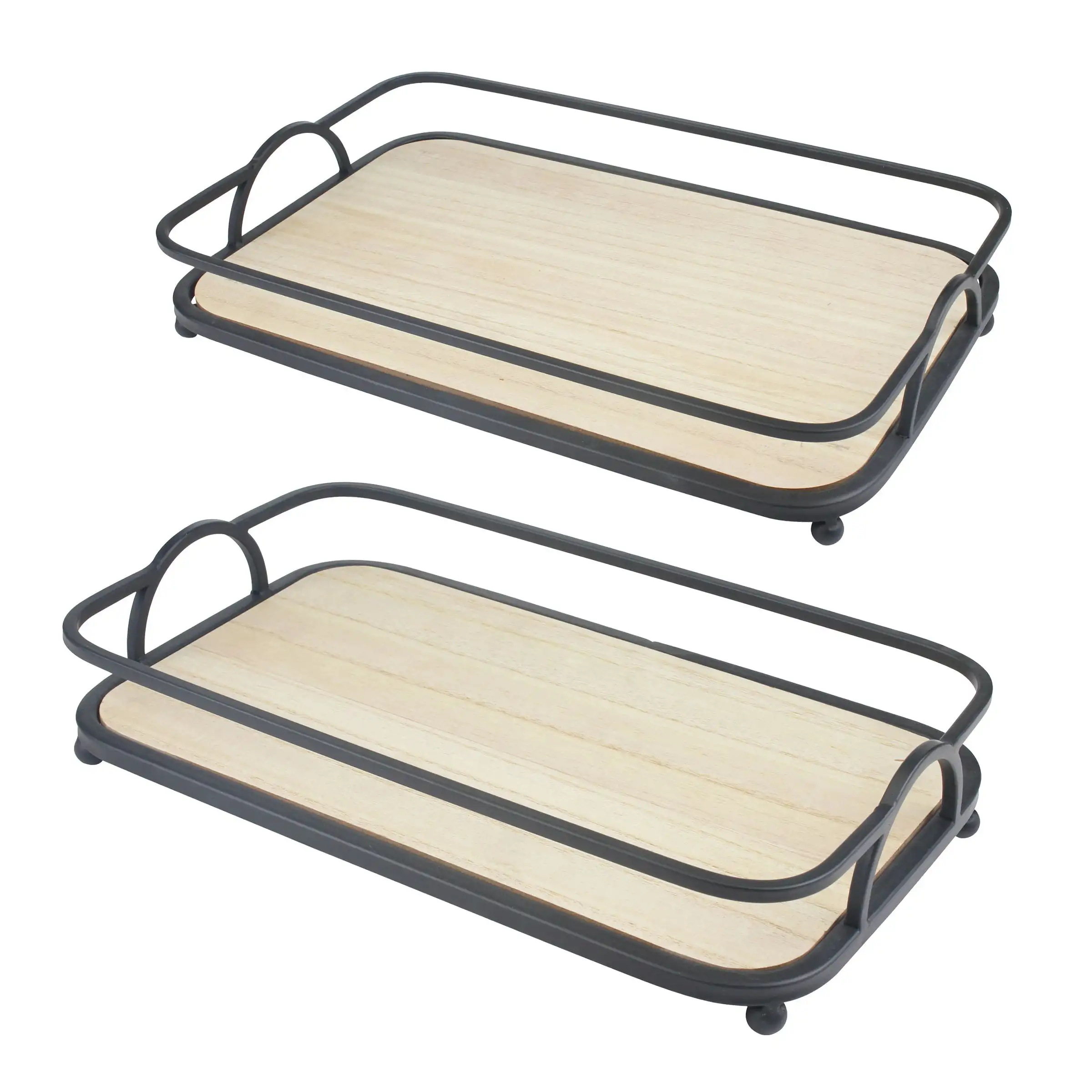 

Solid Wood and Metal Decorative Tray Set, Black, 2 Pieces, 16.3" x 10.4"