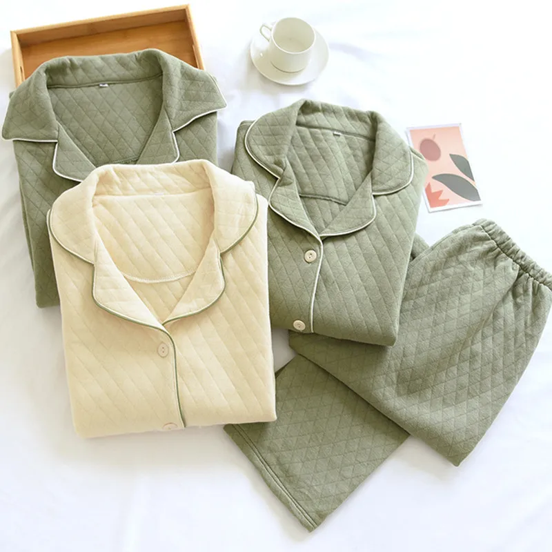 Warm Couple Pajamas Three-Layer Quilted Autumn Winter Sleepwear Set Thicken Air Cotton Casual Men's Home Clothes Women Pijamas