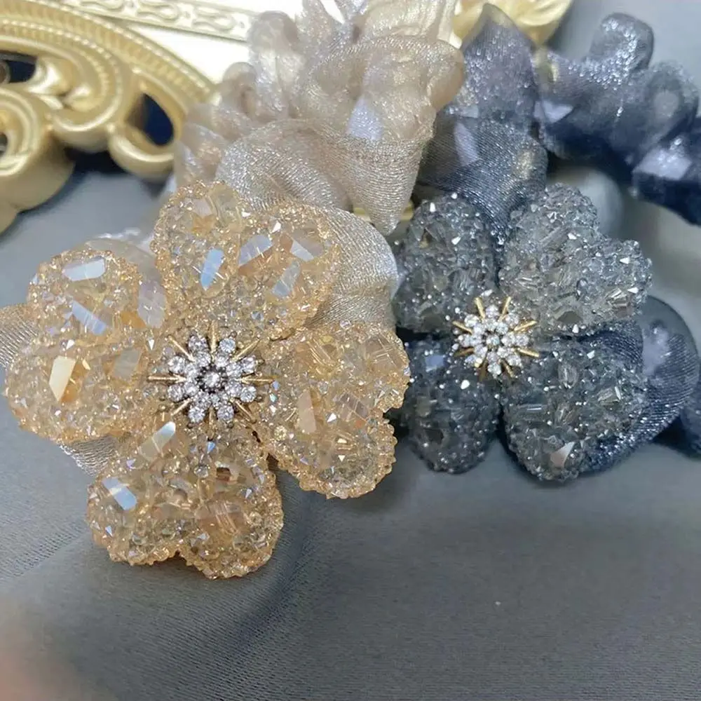 

New Flowers Rubber Band Women Diamond-studded Retro Large Intestine Hair Ring New Mesh Hair Rope Headwear Rhinestones Accessory