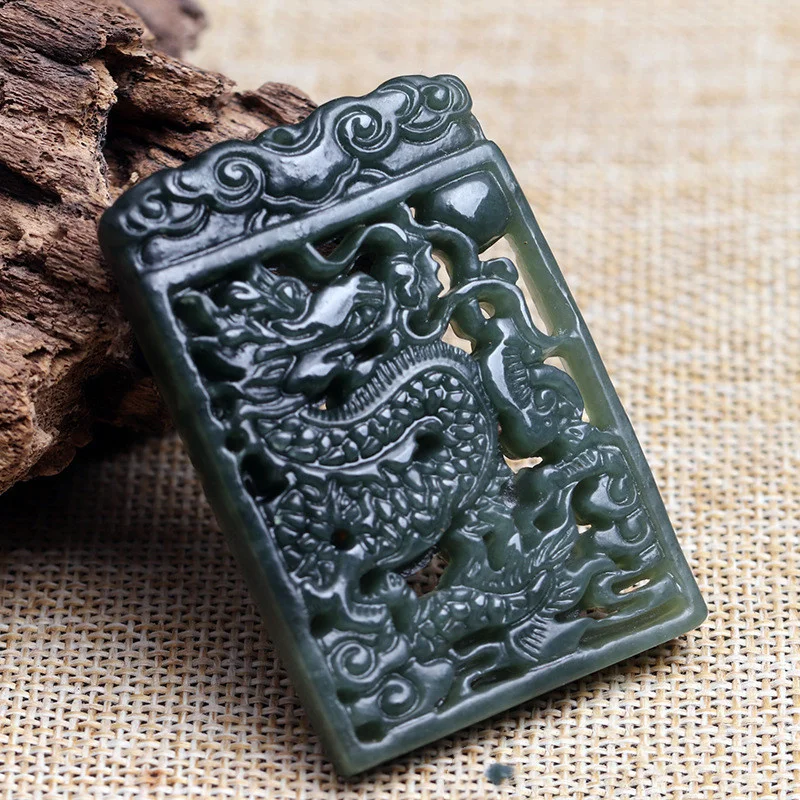 

Hot selling natural hand-carve Hetian Cyan Jade Hollow Dragon Brand Brand Zodiac Dragon Necklace pendant Men Women Luck Gifts