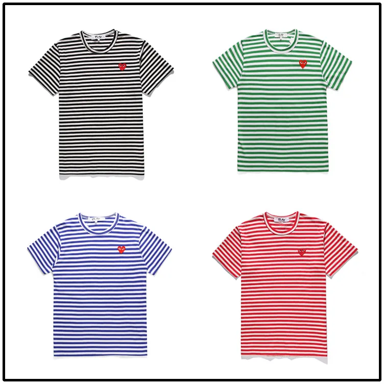 

2023 New Fashion CDG PLAY T shirt Men Woman Colorful Stripe Heart Love Short Sleeve Cotton Embroidery Couple O-Neck T-shirts