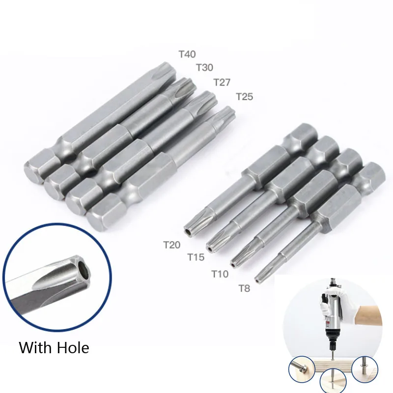 

1PCS 50mm Torx Magnetic Screwdriver Bit Set S2 Steel 1/4 Inch 6.35mm Hex Shank Electric Screw Driver Bits T8-T40 With Hole