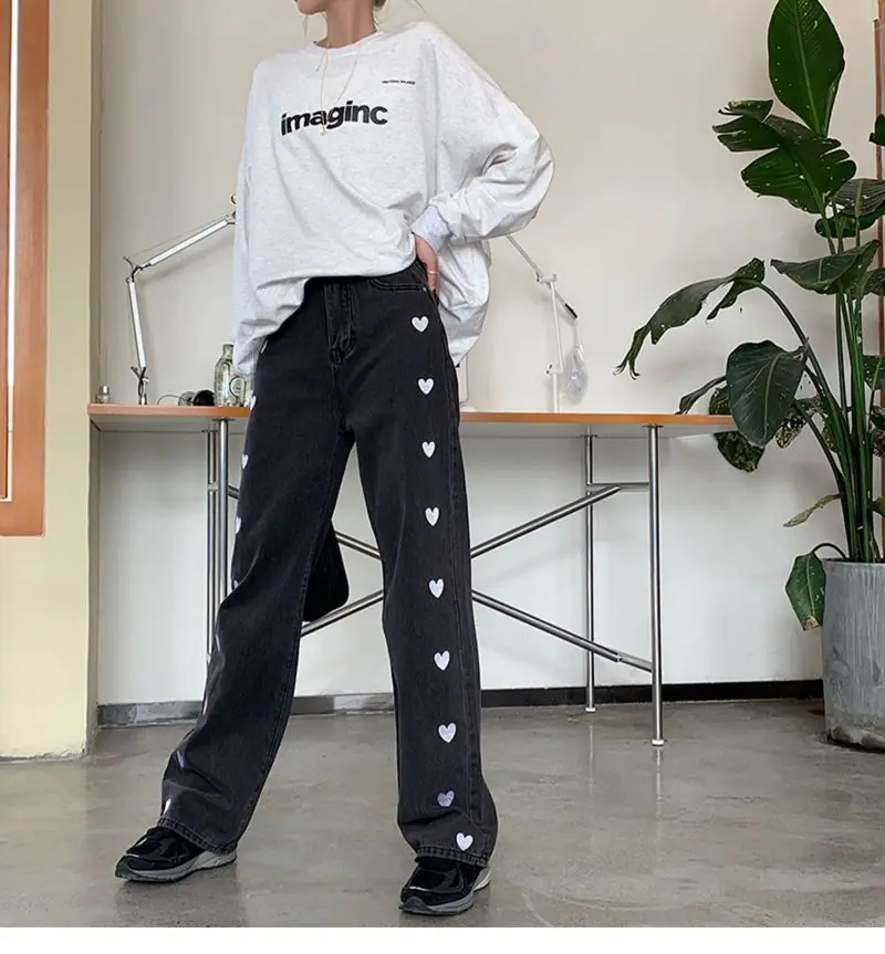 Love Embroidery Pattern y2k Jeans Women's Spring 2022 New Straight Tube Loose New High Waist Retro Wide Leg Pants Denim Retro