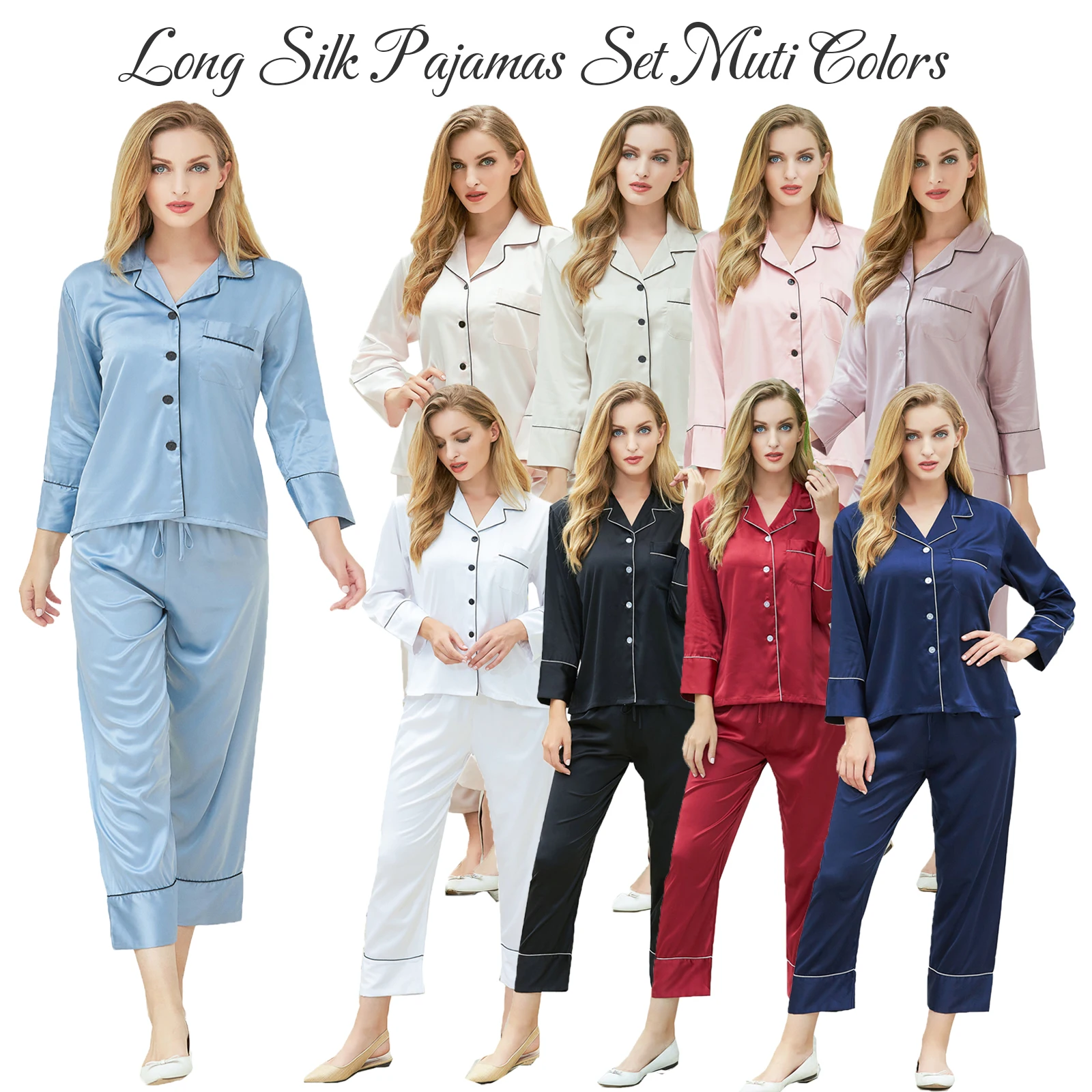 Custom Text Silk Satin Pajamas Set Women Sleepwear Long Sleeve Pajamas Ladies Pyjamas Sets Sleepwear Pyjamas Set 2 Pieces