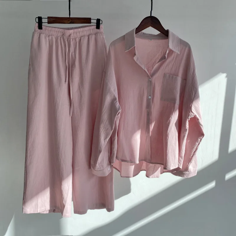 

Solid Color Ladies 2 Piece Retro Plus Size 2022 Cotton Linen Shirt Suit High Waist Loose Pants two piece sets womens outifits