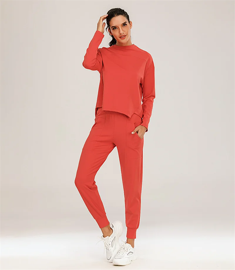 

Autumn Casual Fashion Women Elasitc Running Sets Long Sleeve High Round Neck Top High Waist Pocket Trousers Fitness 2PCS Sets