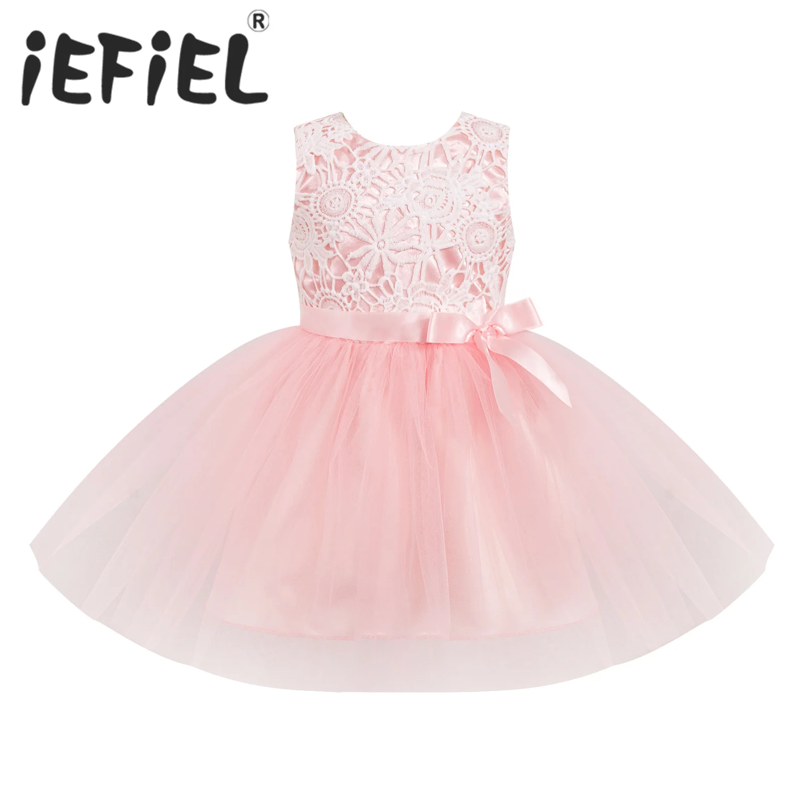 

Baby Girls Cute Floral Lace Bodice Dress Sleeveless Satin Bowknot Fluffy Tulle Birthday Party Dress for Baby Shower Christening