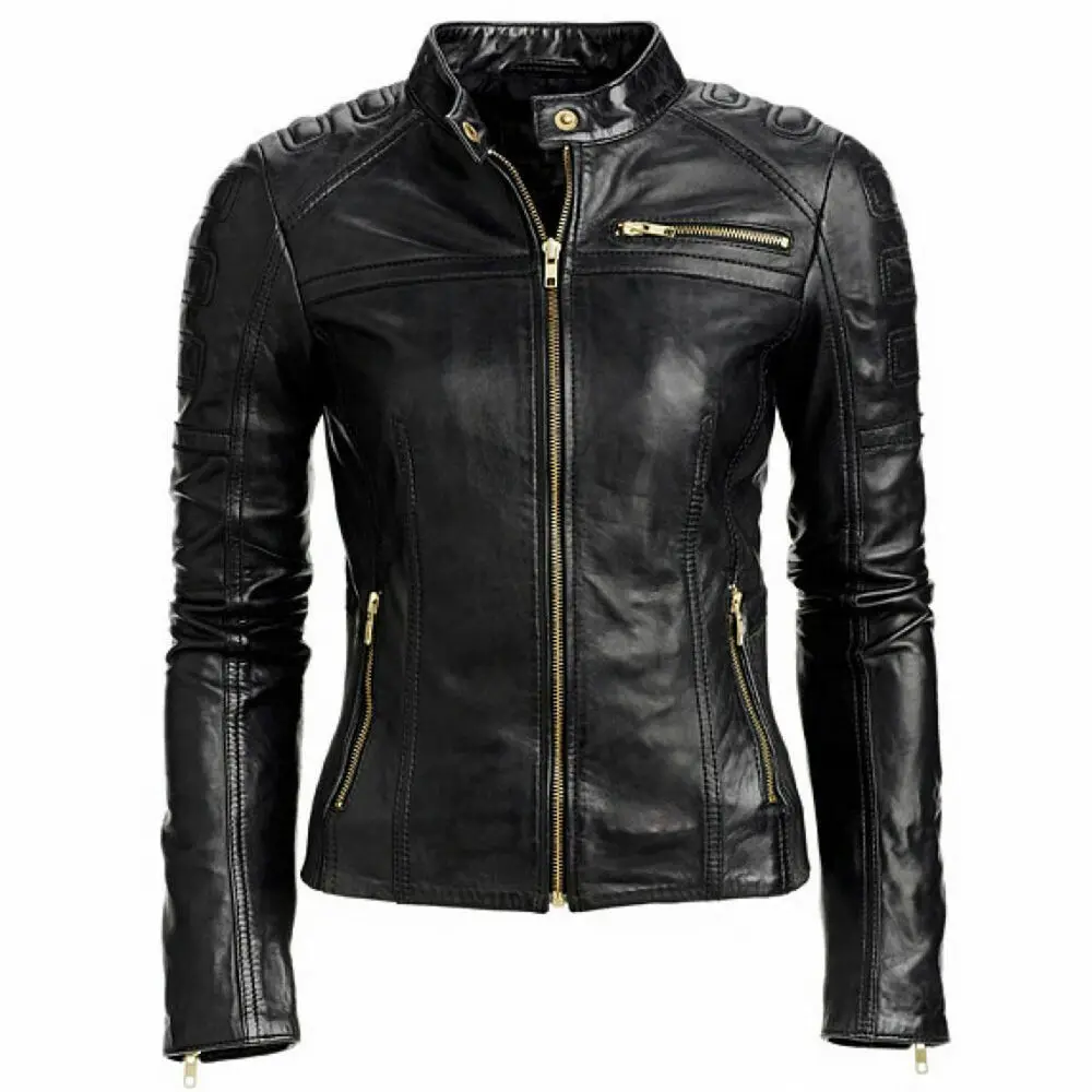 Women Black Cafe Racer Genuine Leather Motorcycle Slim Fit Rave Biker Jacket Real Leather Coat